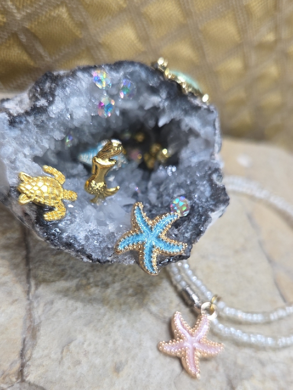 Crystal Cave Geode Decoration Mermaid Starfish Turtles for decor And Bracelet